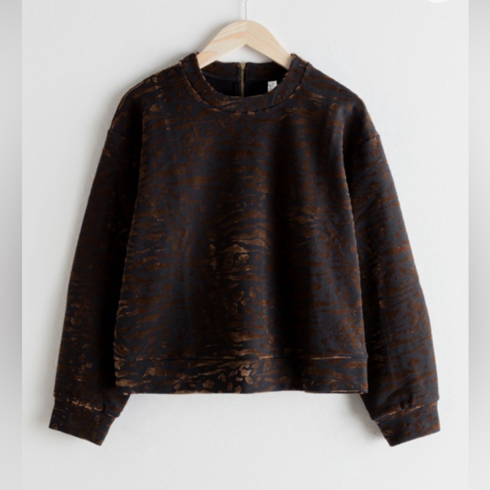 & Other Stories Dark Brown Velvet Patterned Crew Neck Sweater